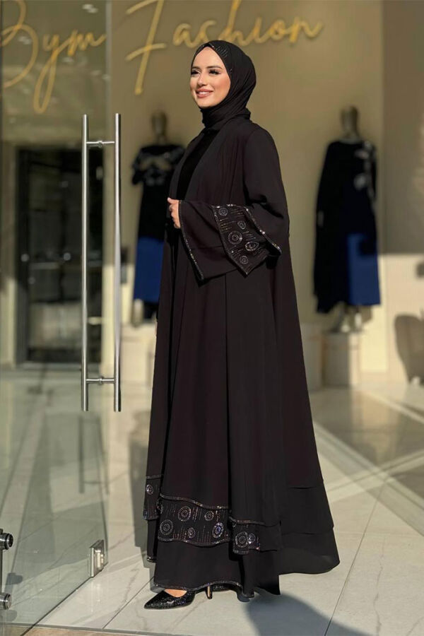 Taş Detaylı Şal ve Abaya İkili Takım 70001 Siyah - 3