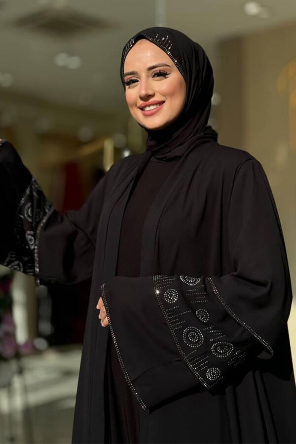 Taş Detaylı Şal ve Abaya İkili Takım 70001 Siyah - 4