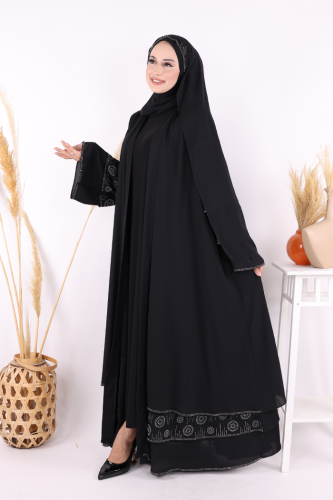 Taş Detaylı Şal ve Abaya İkili Takım 70001 Siyah - 2