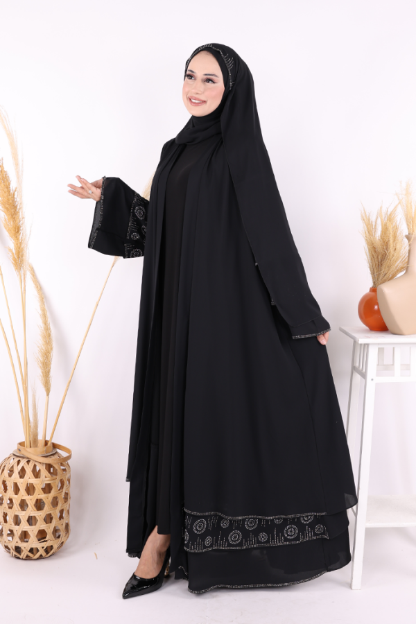 Taş Detaylı Şal ve Abaya İkili Takım 70001 Siyah - 2