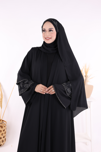 Taş Detaylı Şal ve Abaya İkili Takım 70001 Siyah - 4