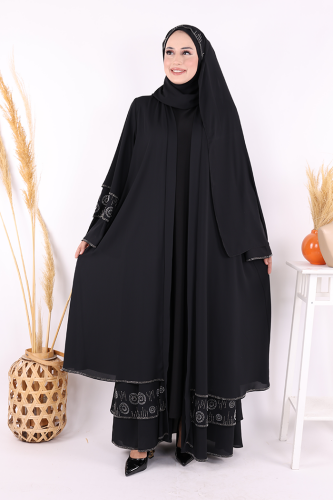 Taş Detaylı Şal ve Abaya İkili Takım 70001 Siyah - Bym Fashion