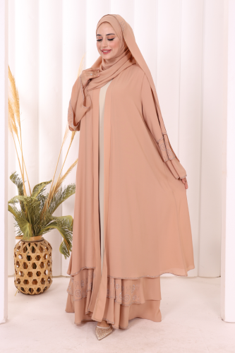 Taş Detaylı Şal ve Abaya İkili Takım 70001 Taba - 2