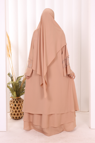 Taş Detaylı Şal ve Abaya İkili Takım 70001 Taba - 4