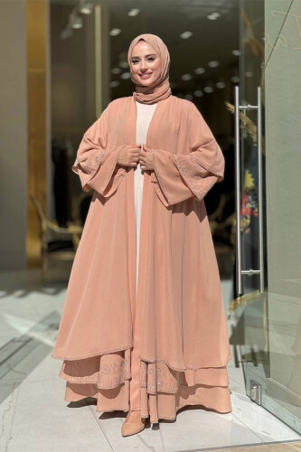 Taş Detaylı Şal ve Abaya İkili Takım 70001 Taba - Bym Fashion