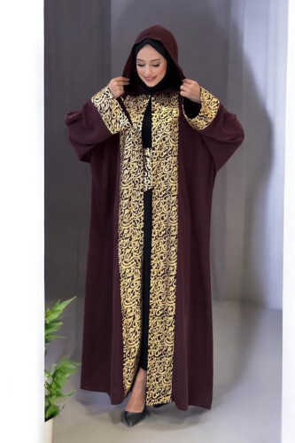 Arapça Harf Baskılı Abaya 70014 Bordo - Bym Fashion
