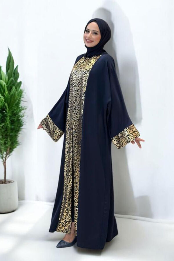Arapça Harf Baskılı Abaya 70014 Lacivert - 3