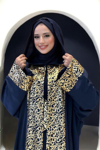 Arapça Harf Baskılı Abaya 70014 Lacivert - 4