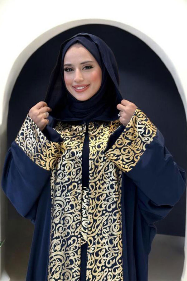 Arapça Harf Baskılı Abaya 70014 Lacivert - 4