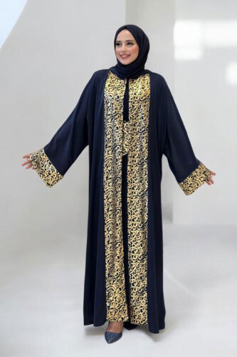 Arapça Harf Baskılı Abaya 70014 Lacivert - Bym Fashion