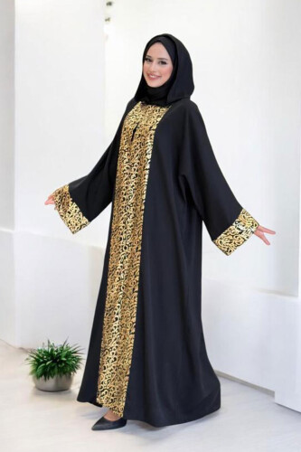 Arapça Harf Baskılı Abaya 70014 Siyah - 3