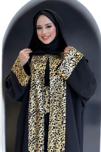 Arapça Harf Baskılı Abaya 70014 Siyah - 4