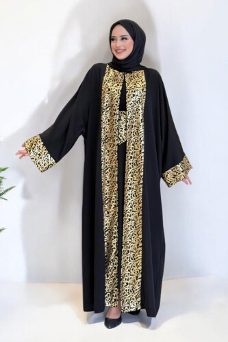 Arapça Harf Baskılı Abaya 70014 Siyah - Bym Fashion