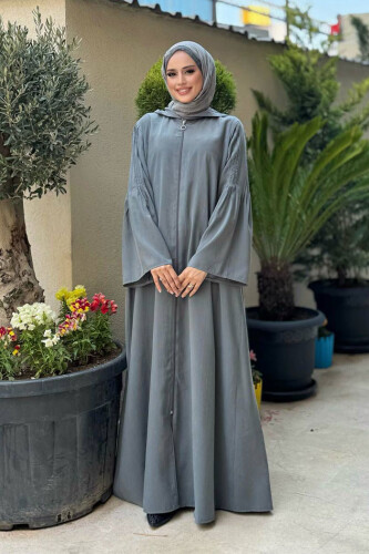 Fermuarlı Kapüşonlu Ferace 70016 Füme - Bym Fashion