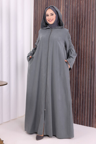 Fermuarlı Kapüşonlu Ferace 70016 Füme - Bym Fashion