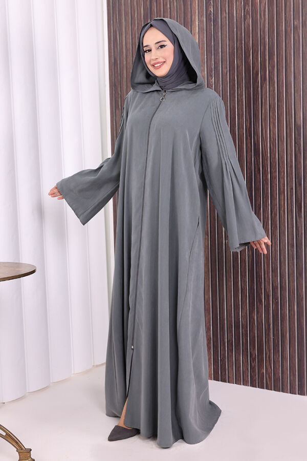 Fermuarlı Kapüşonlu Ferace 70016 Füme - 3