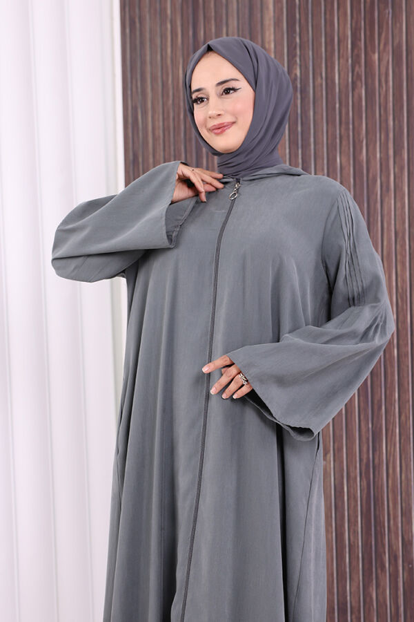Fermuarlı Kapüşonlu Ferace 70016 Füme - 5