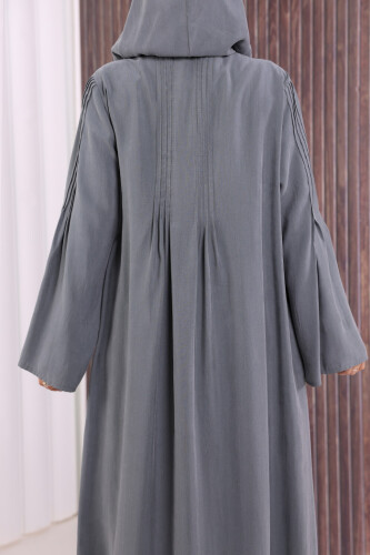 Fermuarlı Kapüşonlu Ferace 70016 Füme - 7