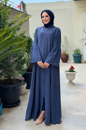 Fermuarlı Kapüşonlu Ferace 70016 Lacivert - Bym Fashion