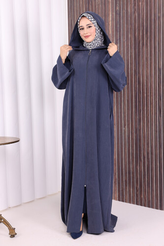 Fermuarlı Kapüşonlu Ferace 70016 Lacivert - 3
