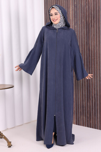 Fermuarlı Kapüşonlu Ferace 70016 Lacivert - 4