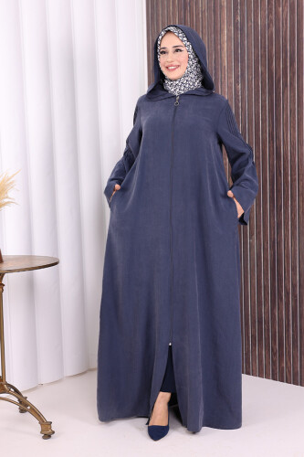 Fermuarlı Kapüşonlu Ferace 70016 Lacivert - 6