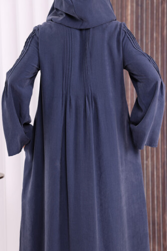 Fermuarlı Kapüşonlu Ferace 70016 Lacivert - 9