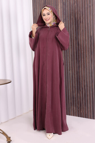 Fermuarlı Kapüşonlu Ferace 70016 Mürdüm - Bym Fashion