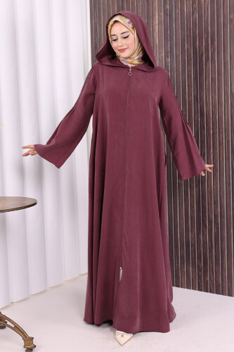 Fermuarlı Kapüşonlu Ferace 70016 Mürdüm - 3