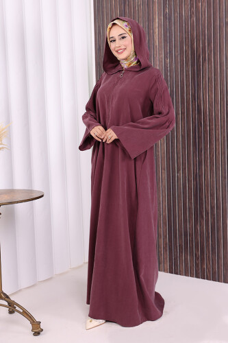 Fermuarlı Kapüşonlu Ferace 70016 Mürdüm - 4