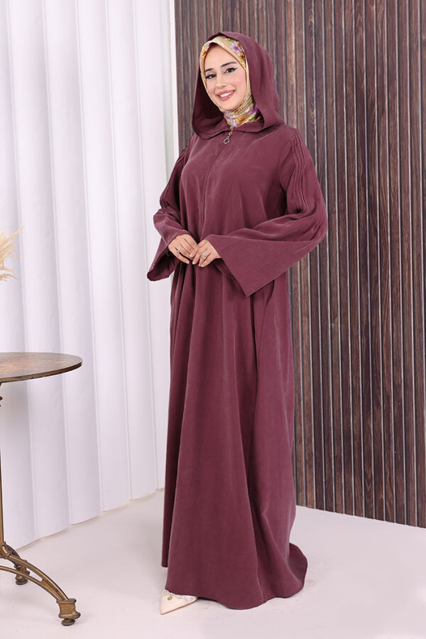 Fermuarlı Kapüşonlu Ferace 70016 Mürdüm - 4