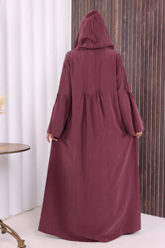 Fermuarlı Kapüşonlu Ferace 70016 Mürdüm - 5