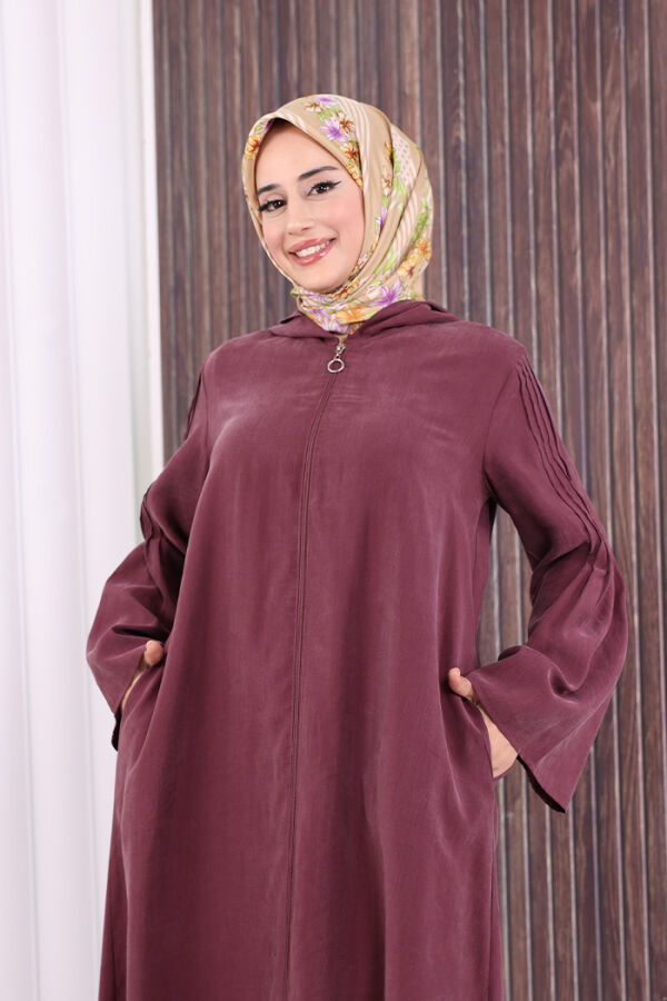 Fermuarlı Kapüşonlu Ferace 70016 Mürdüm - 6