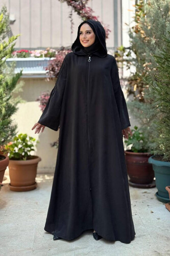 Fermuarlı Kapüşonlu Ferace 70016 Siyah - Bym Fashion