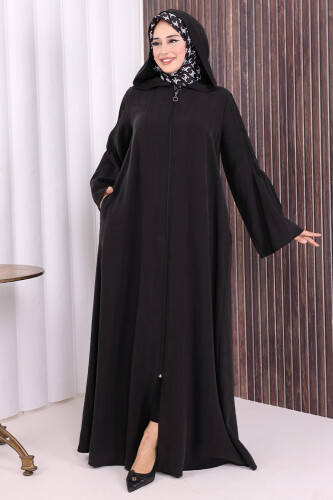 Fermuarlı Kapüşonlu Ferace 70016 Siyah - 3