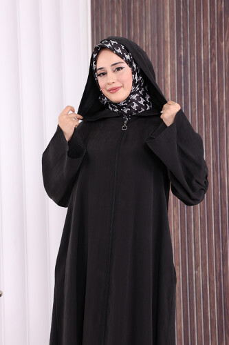 Fermuarlı Kapüşonlu Ferace 70016 Siyah - 5
