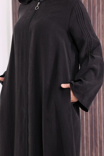 Fermuarlı Kapüşonlu Ferace 70016 Siyah - 6