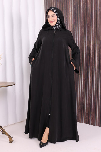 Fermuarlı Kapüşonlu Ferace 70016 Siyah - 4