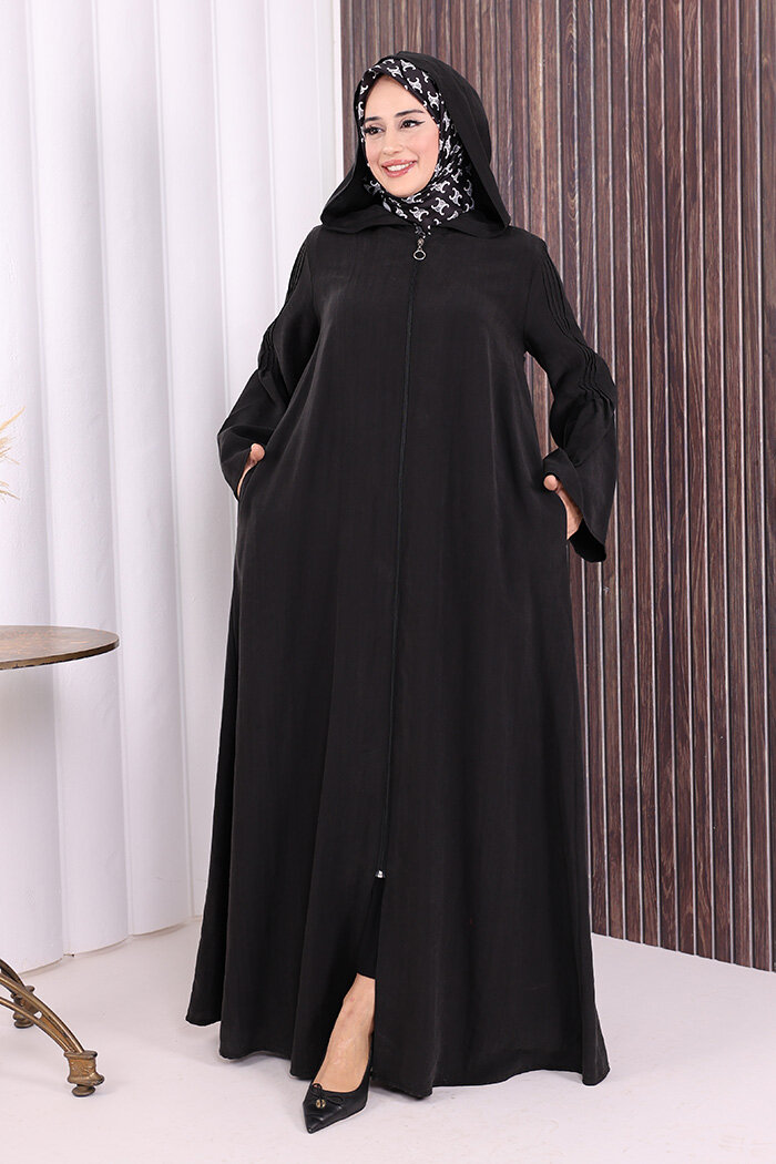 Fermuarlı Kapüşonlu Ferace 70016 Siyah - 4