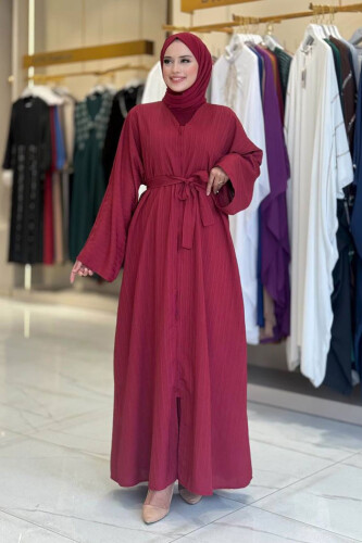 Çıt Çıt Düğmeli Bel Kuşaklı Abaya 70017 Bordo - 1