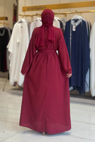 Çıt Çıt Düğmeli Bel Kuşaklı Abaya 70017 Bordo - 2