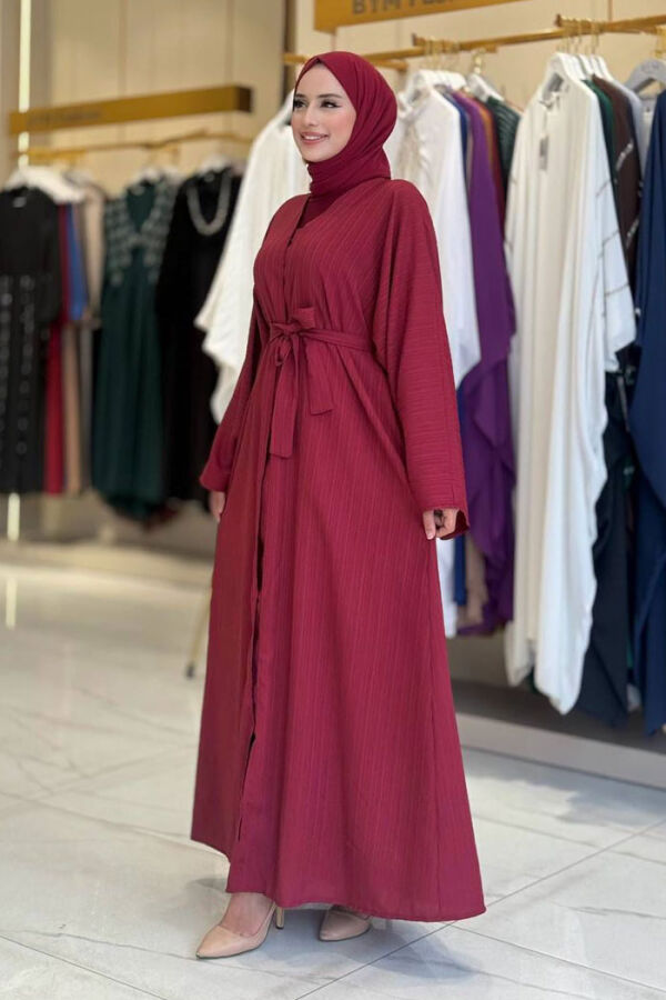 Çıt Çıt Düğmeli Bel Kuşaklı Abaya 70017 Bordo - 3