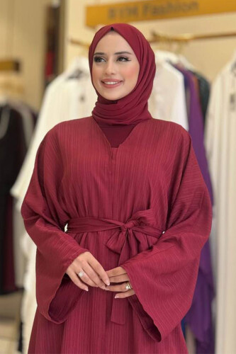 Çıt Çıt Düğmeli Bel Kuşaklı Abaya 70017 Bordo - 4