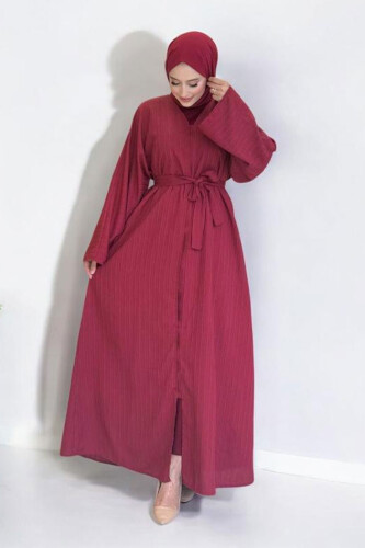 Çıt Çıt Düğmeli Bel Kuşaklı Abaya 70017 Bordo 