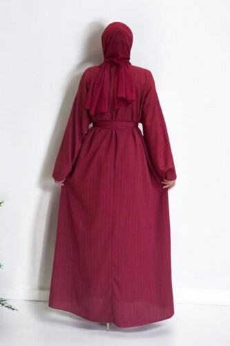 Çıt Çıt Düğmeli Bel Kuşaklı Abaya 70017 Bordo - 2