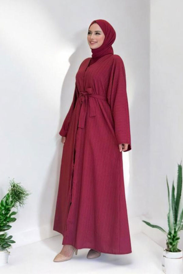 Çıt Çıt Düğmeli Bel Kuşaklı Abaya 70017 Bordo - 3