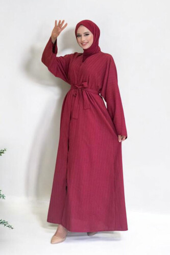 Çıt Çıt Düğmeli Bel Kuşaklı Abaya 70017 Bordo - 4