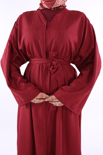 Çıt Çıt Düğmeli Bel Kuşaklı Abaya 70017 Bordo - 3