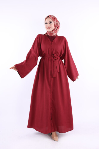 Çıt Çıt Düğmeli Bel Kuşaklı Abaya 70017 Bordo - Bym Fashion