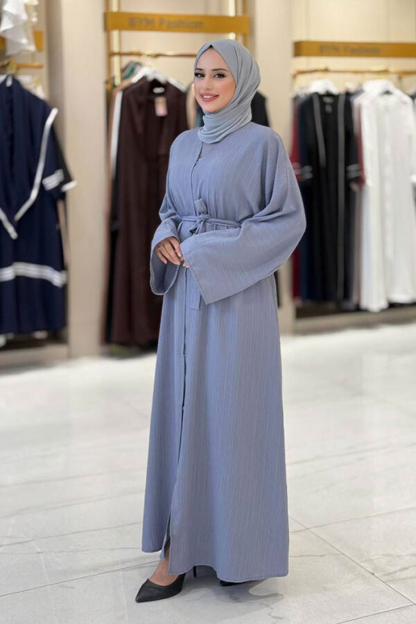 Çıt Çıt Düğmeli Bel Kuşaklı Abaya 70017 Gri - 3